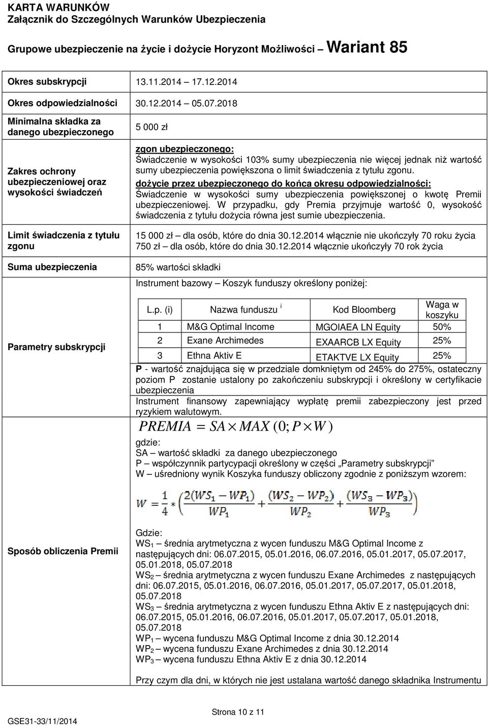 2014 Minimalna składka za danego ubezpieczonego Zakres ochrony ubezpieczeniowej oraz wysokości świadczeń Limit świadczenia z tytułu zgonu Suma ubezpieczenia Parametry subskrypcji 5 000 zł zgon