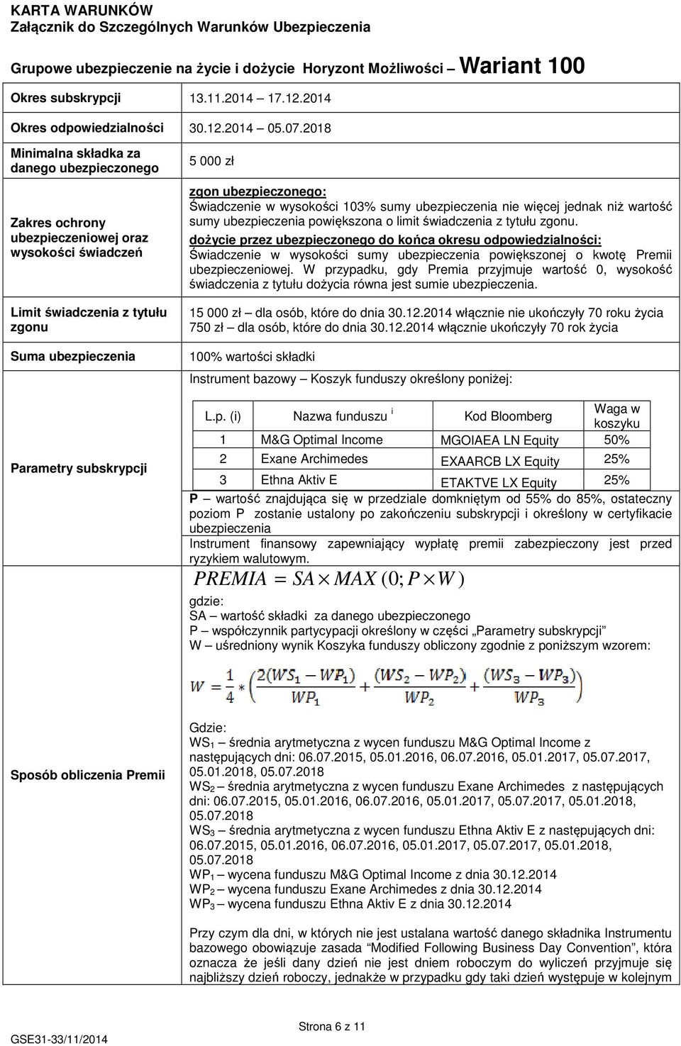 2014 Minimalna składka za danego ubezpieczonego Zakres ochrony ubezpieczeniowej oraz wysokości świadczeń Limit świadczenia z tytułu zgonu Suma ubezpieczenia Parametry subskrypcji 5 000 zł zgon