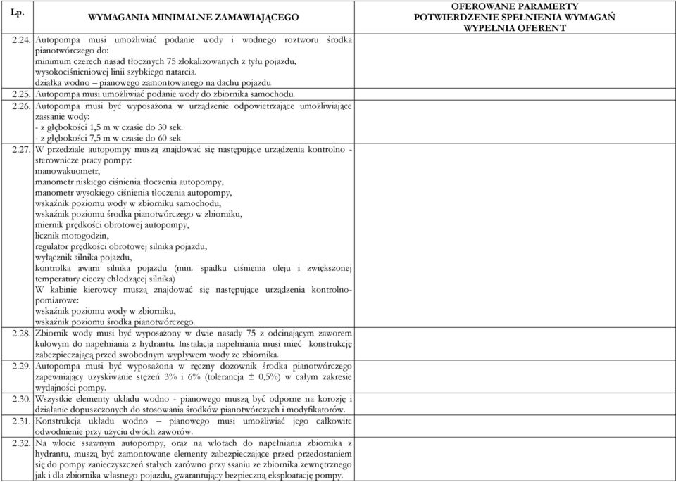 Autopompa musi być wyposażona w urządzenie odpowietrzające umożliwiające zassanie wody: - z głębokości 1,5 m w czasie do 30 sek. - z głębokości 7,5 m w czasie do 60 sek 2.27.