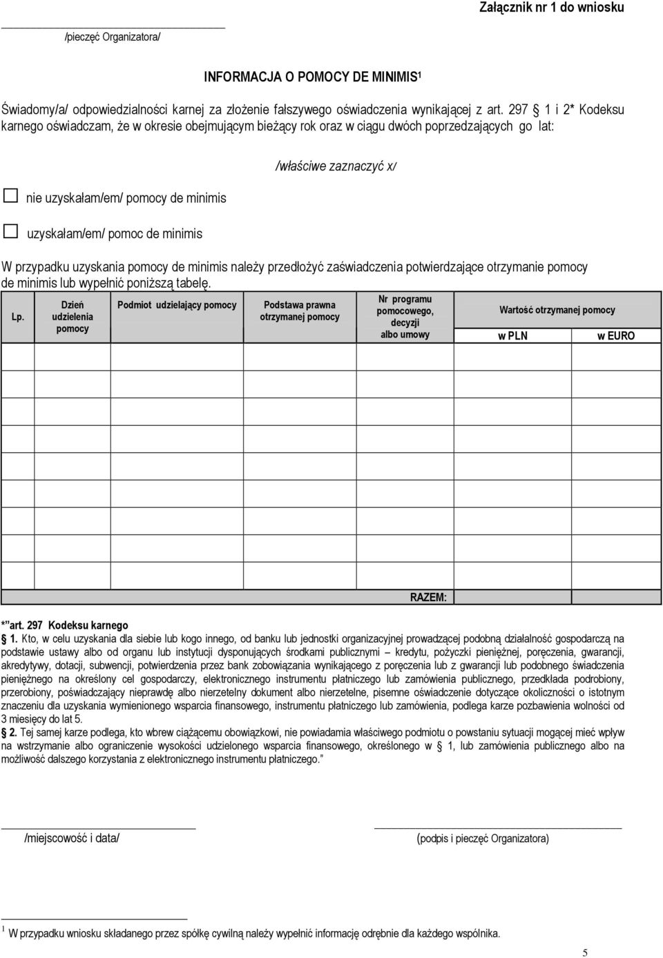 zaznaczyć x/ W przypadku uzyskania pomocy de minimis należy przedłożyć zaświadczenia potwierdzające otrzymanie pomocy de minimis lub wypełnić poniższą tabelę. Lp.