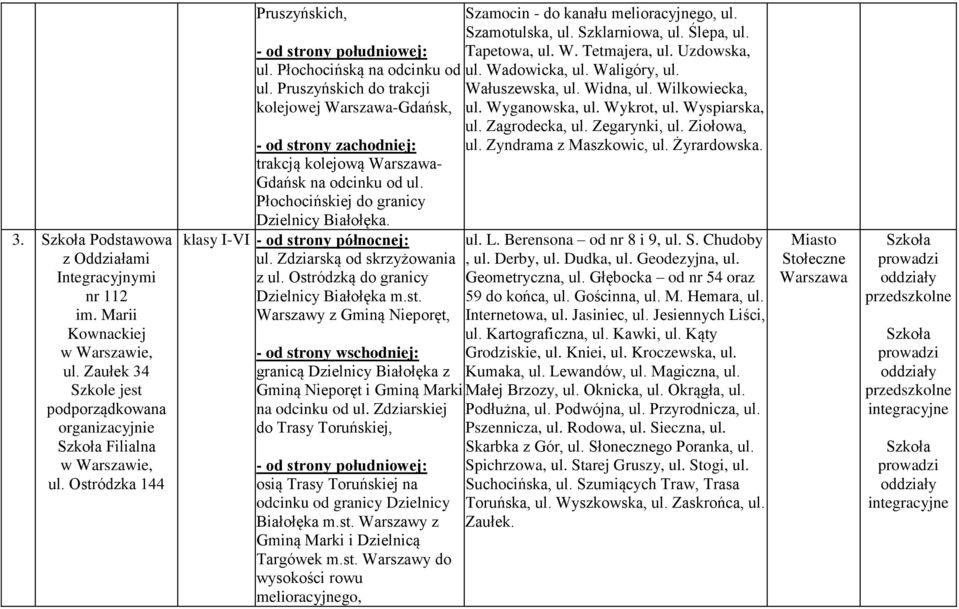 Ostródzką do granicy Dzielnicy Białołęka m.st. Warszawy z Gminą Nieporęt, granicą Dzielnicy Białołęka z Gminą Nieporęt i Gminą Marki na odcinku od ul.