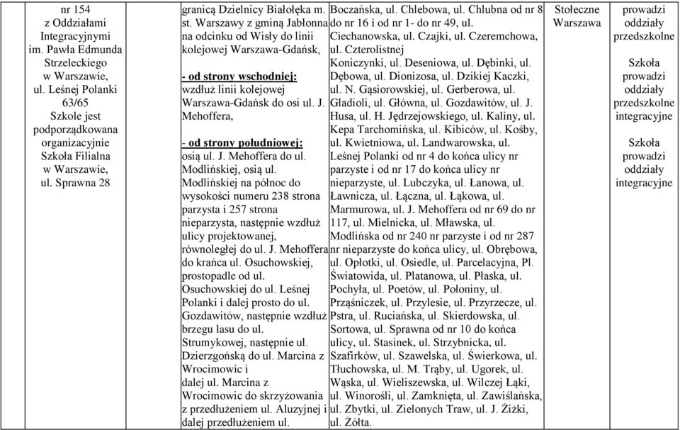 J. Mehoffera, osią ul. J. Mehoffera do ul. Modlińskiej, osią ul.