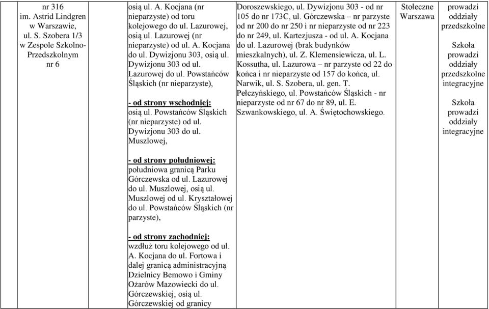 Muszlowej, Doroszewskiego, ul. Dywizjonu 303 - od nr 105 do nr 173C, ul. Górczewska nr parzyste od nr 200 do nr 250 i nr nieparzyste od nr 223 do nr 249, ul. Kartezjusza - od ul. A. Kocjana do ul.