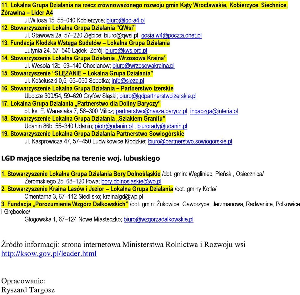 Fundacja Kłodzka Wstęga Sudetów Lokalna Grupa Działania Lutynia 24, 57 540 Lądek- Zdrój; biuro@kws.org.pl 14. Stowarzyszenie Lokalna Grupa Działania Wrzosowa Kraina ul.