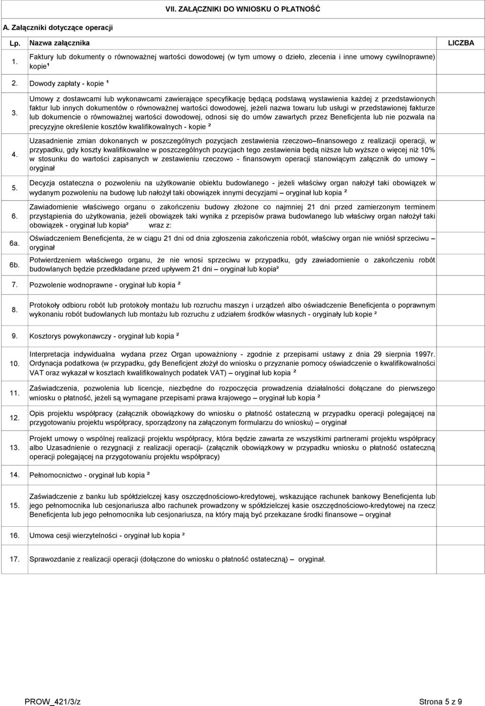 zawierające specyfikację będącą podstawą wystawienia każdej z przedstawionych faktur lub innych dokumentów o równoważnej wartości dowodowej, jeżeli nazwa towaru lub usługi w przedstawionej fakturze
