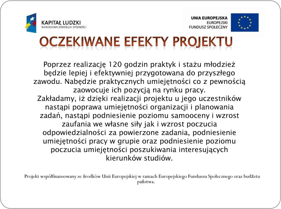 Zakładamy, iż dzięki realizacji projektu u jego uczestników nastąpi poprawa umiejętności organizacji i planowania zadań, nastąpi podniesienie poziomu samooceny i wzrost zaufania