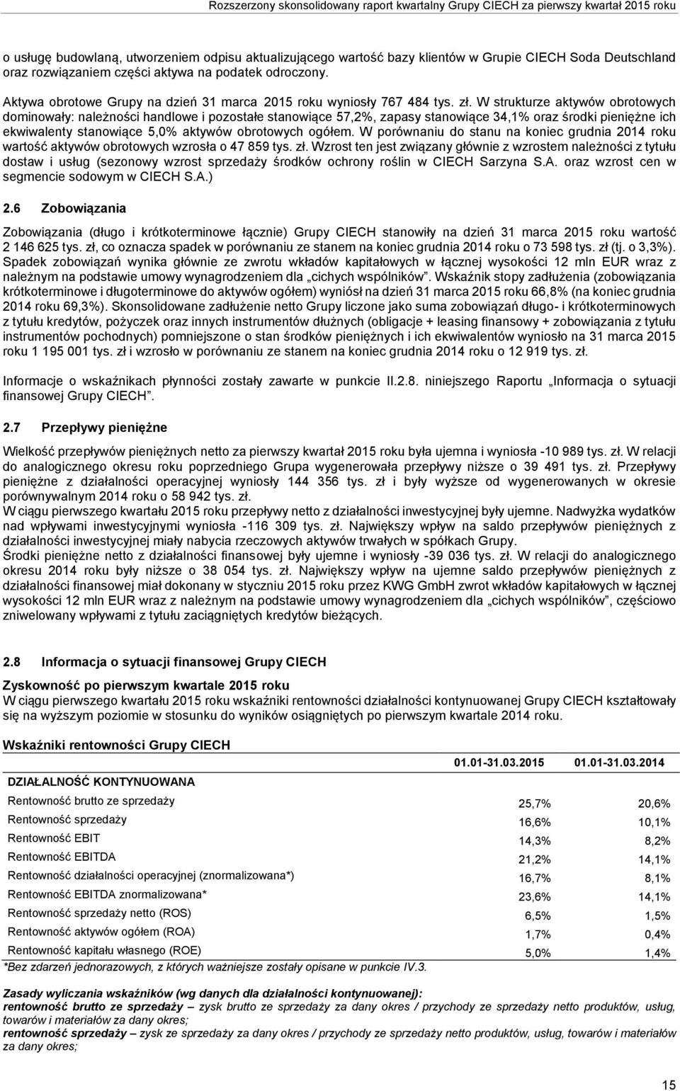 W strukturze aktywów obrotowych dominowały: należności handlowe i pozostałe stanowiące 57,2%, zapasy stanowiące 34,1% oraz środki pieniężne ich ekwiwalenty stanowiące 5,0% aktywów obrotowych ogółem.