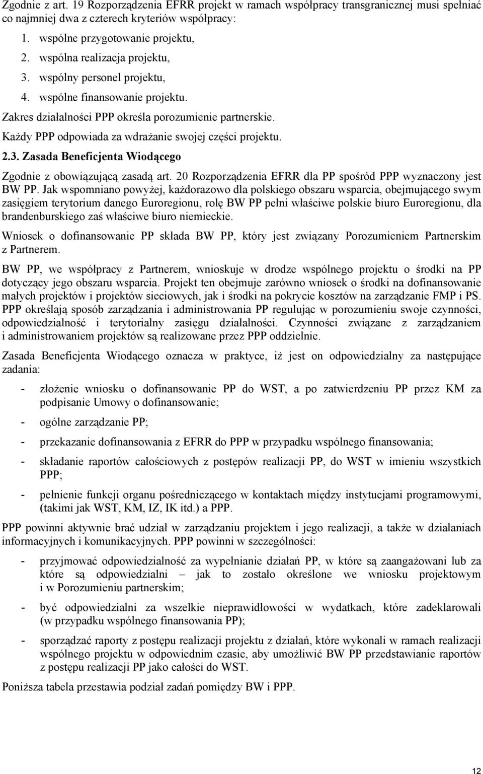 Każdy PPP odpowiada za wdrażanie swojej części projektu. 2.3. Zasada Beneficjenta Wiodącego Zgodnie z obowiązującą zasadą art. 20 Rozporządzenia EFRR dla PP spośród PPP wyznaczony jest BW PP.