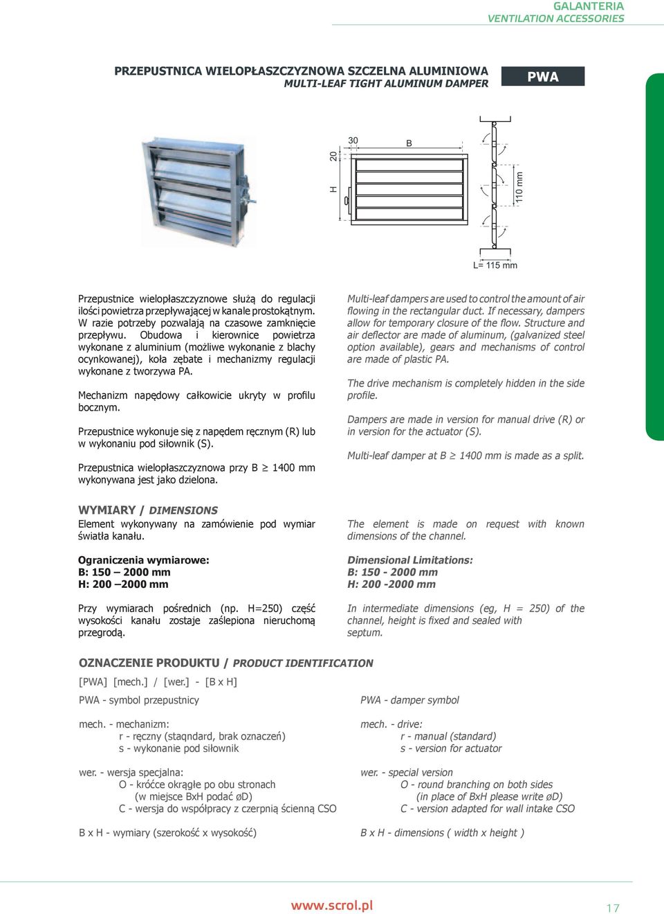 Obudowa i kierownice powietrza wykonane z aluminium (możliwe wykonanie z blachy ocynkowanej), koła zębate i mechanizmy regulacji wykonane z tworzywa PA.
