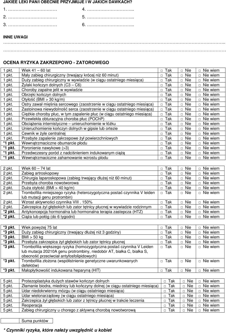 Żylaki kończyn dolnych (C3 C6) Tak Nie Nie wiem 1 pkt. Choroby zapalne jelit w wywiadzie Tak Nie Nie wiem 1 pkt. Obrzęki kończyn dolnych Tak Nie Nie wiem 1 pkt.