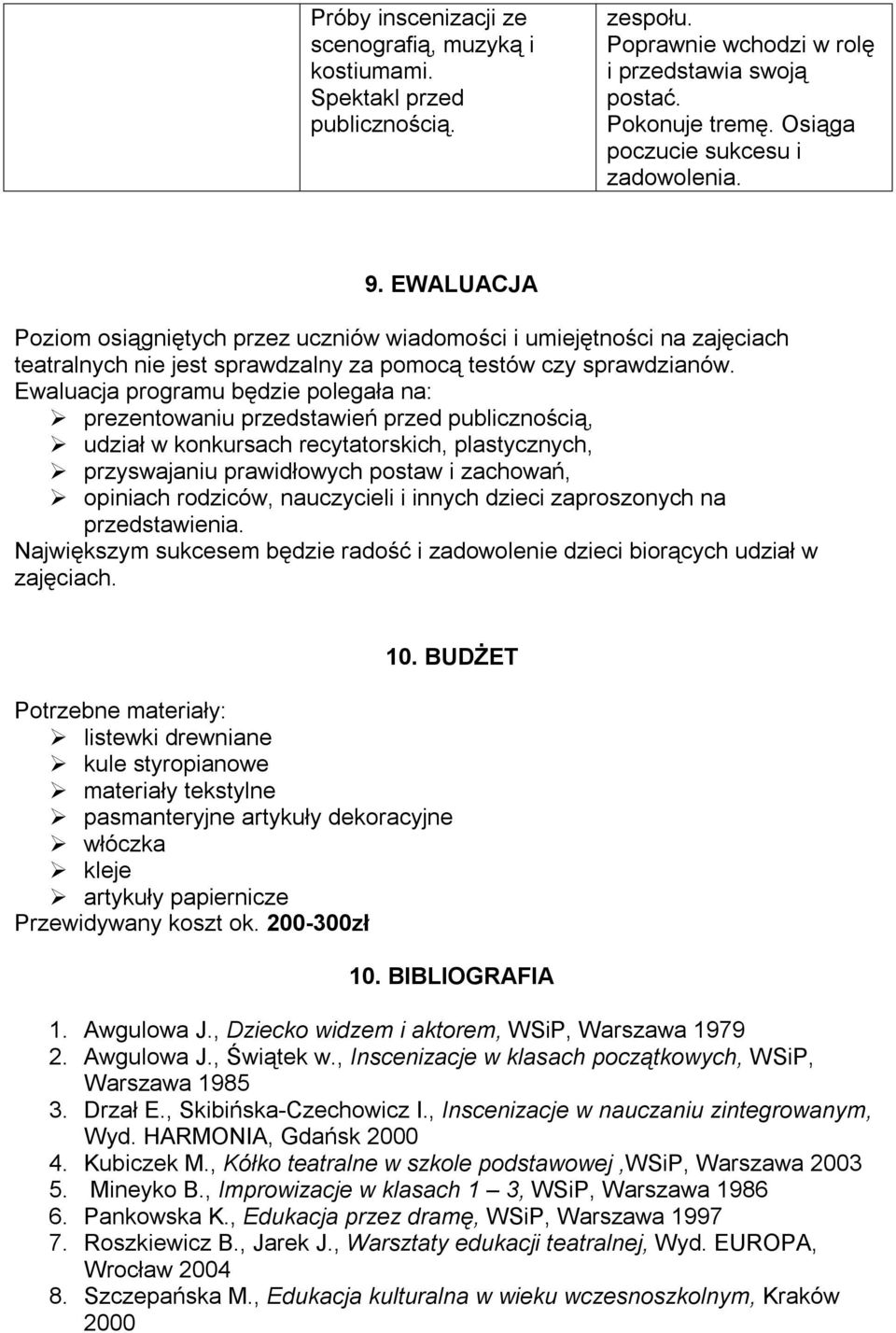 Ewaluacja programu będzie polegała na: prezentowaniu przedstawień przed publicznością, udział w konkursach recytatorskich, plastycznych, przyswajaniu prawidłowych postaw i zachowań, opiniach