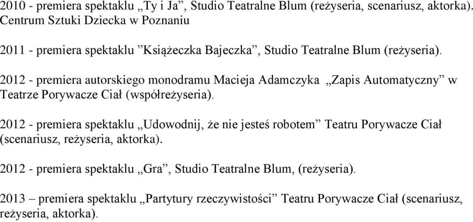 2012 - premiera autorskiego monodramu Macieja Adamczyka Zapis Automatyczny w Teatrze Porywacze Ciał (współreżyseria).