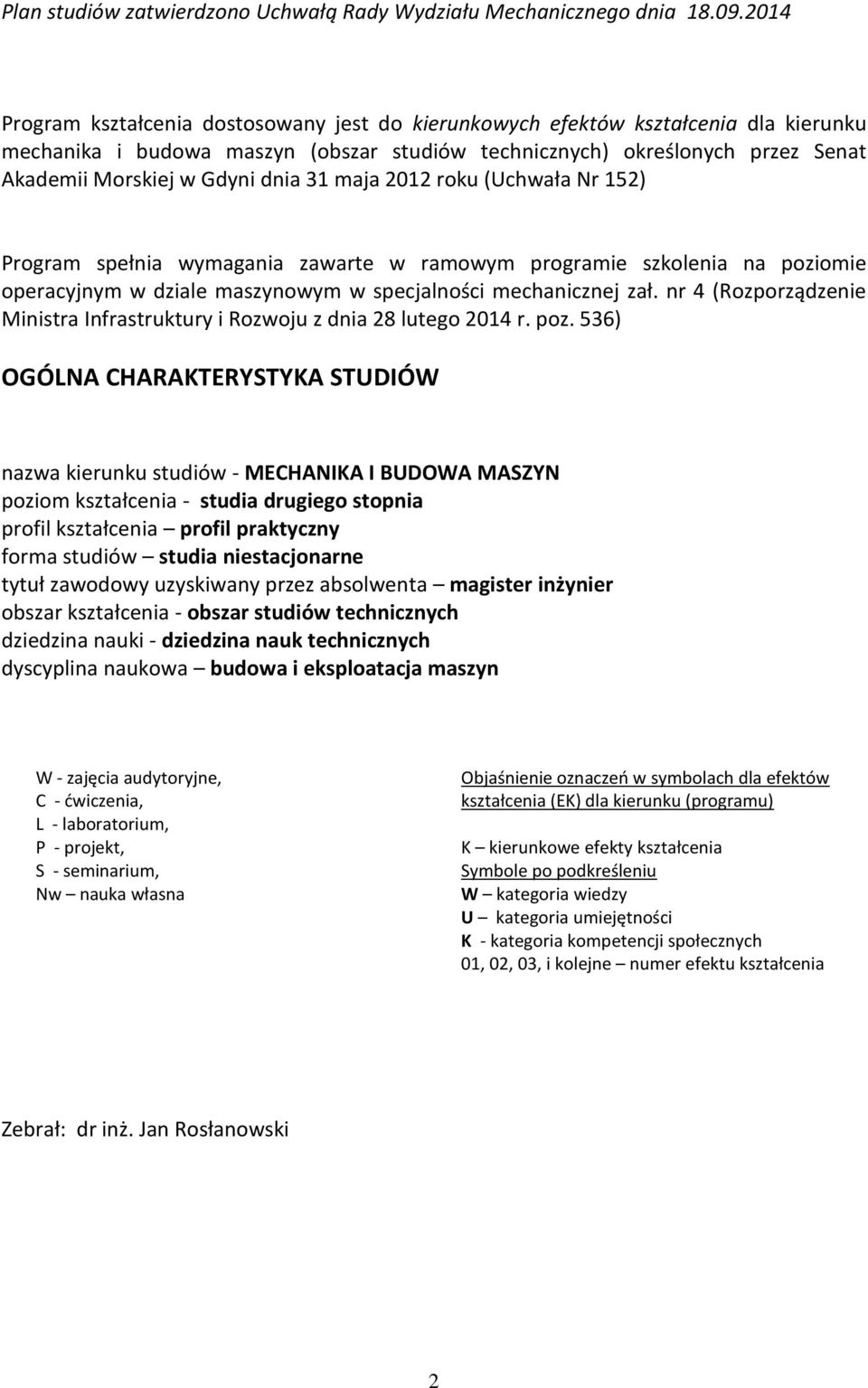 dnia 31 maja 2012 roku (Uchwała Nr 152) Program spełnia wymagania zawarte w ramowym programie szkolenia na poziomie operacyjnym w dziale maszynowym w specjalności mechanicznej zał.
