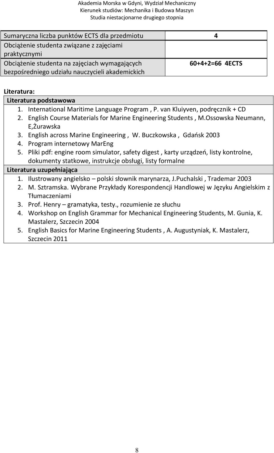 Ossowska Neumann, E,Żurawska 3. English across Marine Engineering, W. Buczkowska, Gdańsk 2003 4. Program internetowy MarEng 5.