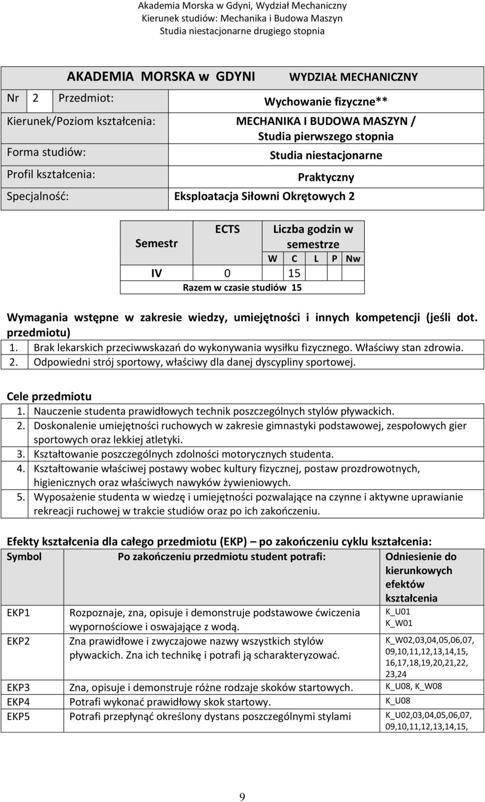zakresie wiedzy, umiejętności i innych kompetencji (jeśli dot. przedmiotu) 1. Brak lekarskich przeciwwskazań do wykonywania wysiłku fizycznego. Właściwy stan zdrowia. 2.
