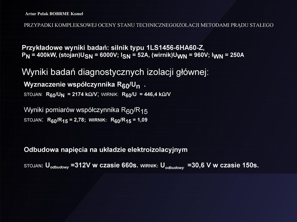 STOJAN: R60/UN = 2174 kω/v; WIRNIK: R60/U = 446,4 kω/v Wyniki pomiarów współczynnika R 60 /R 15 STOJAN: R 60 /R 15 = 2,78;