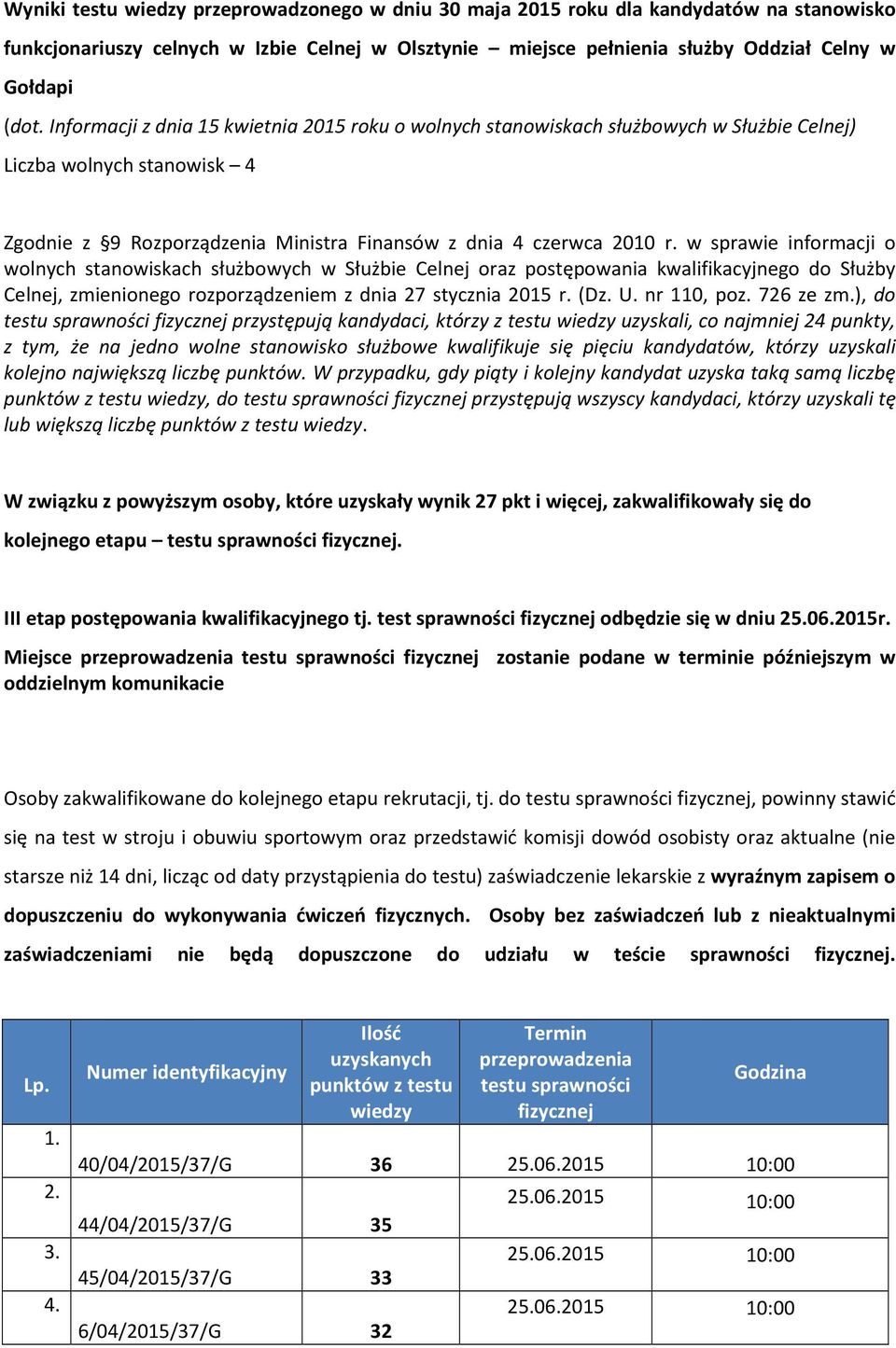 w sprawie informacji o wolnych stanowiskach służbowych w Służbie Celnej oraz postępowania kwalifikacyjnego do Służby Celnej, zmienionego rozporządzeniem z dnia 27 stycznia 2015 r. (Dz. U. nr 110, poz.