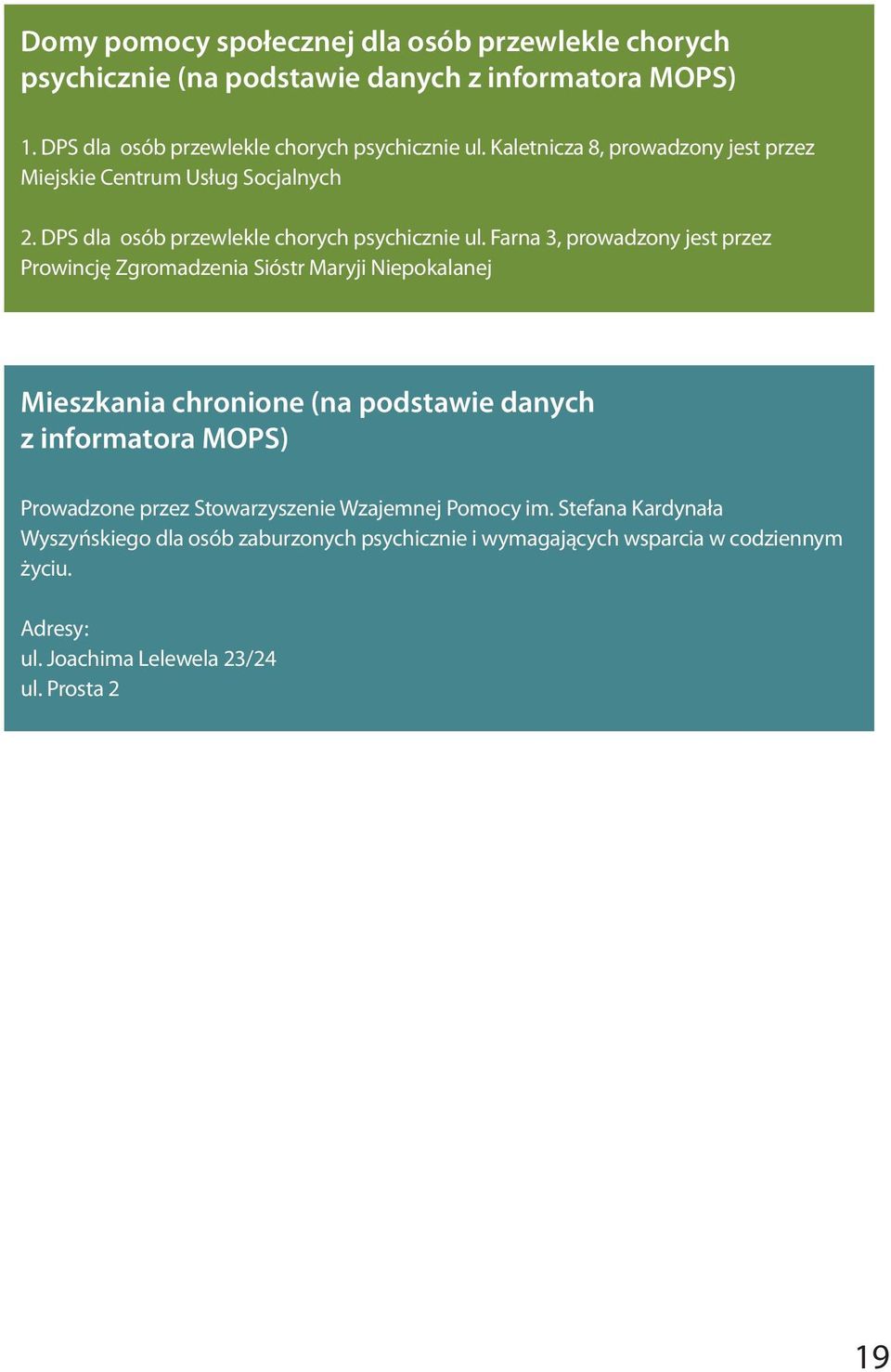 Farna 3, prowadzony jest przez Prowincję Zgromadzenia Sióstr Maryji Niepokalanej Mieszkania chronione (na podstawie danych z informatora MOPS) Prowadzone