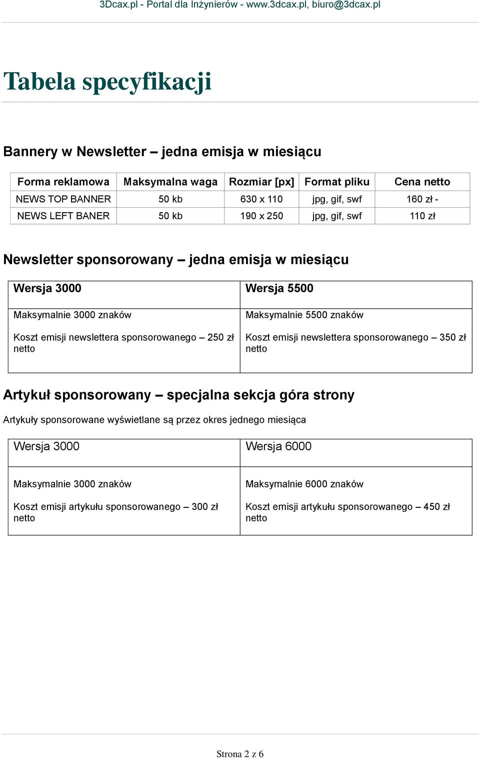 sponsorowanego 250 zł Maksymalnie 5500 znaków Koszt emisji newslettera sponsorowanego 350 zł Artykuł sponsorowany specjalna sekcja góra strony Artykuły sponsorowane wyświetlane są