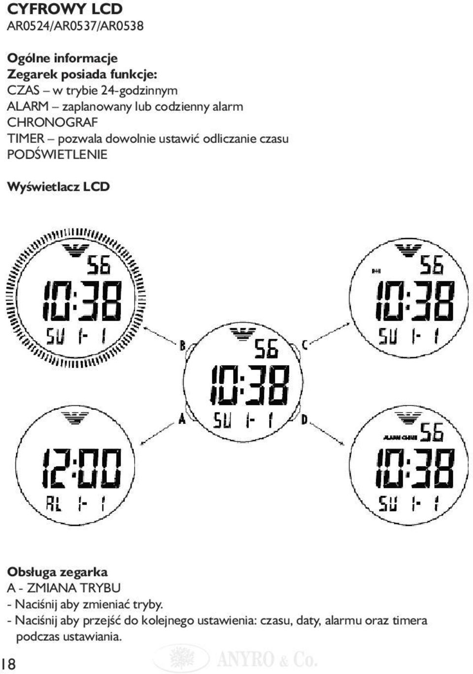 odliczanie czasu PODŚWIETLENIE Wyświetlacz LCD Obsługa zegarka A - ZMIANA TRYBU - Naciśnij aby