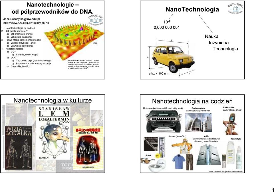 a) Top-down, czyli (nano)technologia b) Bottom-up, czyli samoorganizacja c) Chem-Fiz, Bio-Fiz! IBM 36 atomów kobaltu na podłoŝu z miedzi tworzy korale kwantowe.