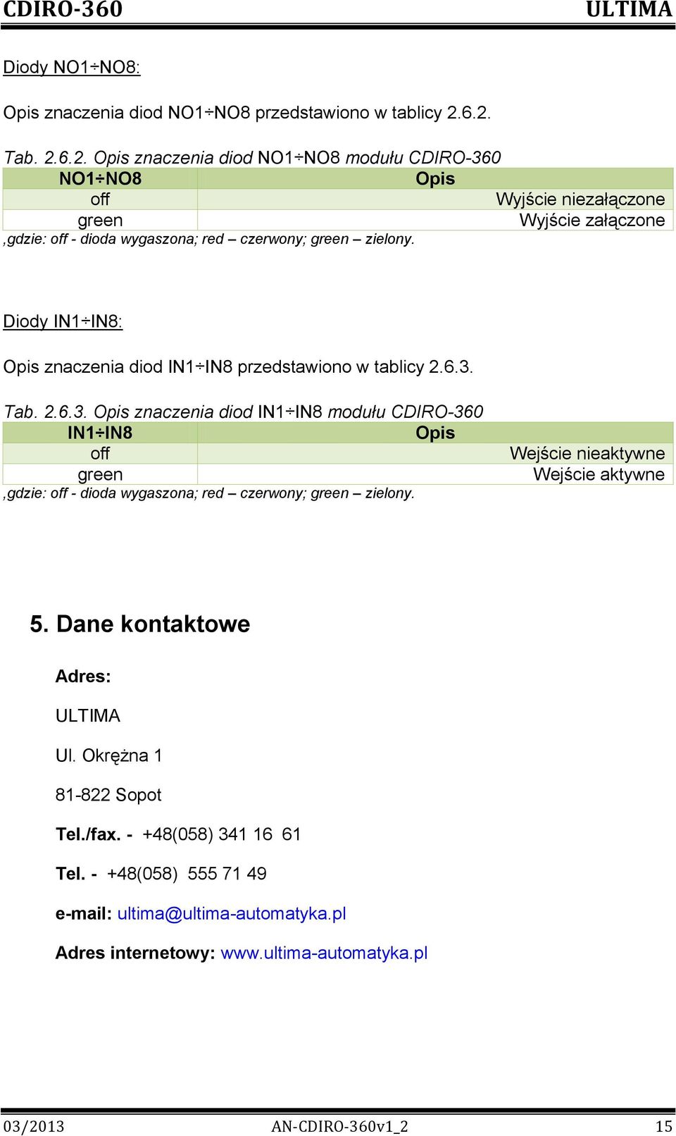 Diody IN1 IN8: Opis znaczenia diod IN1 IN8 przedstawiono w tablicy 2.6.3.
