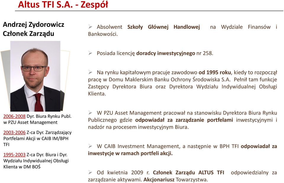 Pełnił tam funkcje Zastępcy Dyrektora Biura oraz Dyrektora Wydziału Indywidualnej Obsługi Klienta. 2006-2008 Dyr. Biura Rynku Publ. w PZU Asset Management 2003-2006 Z-ca Dyr.