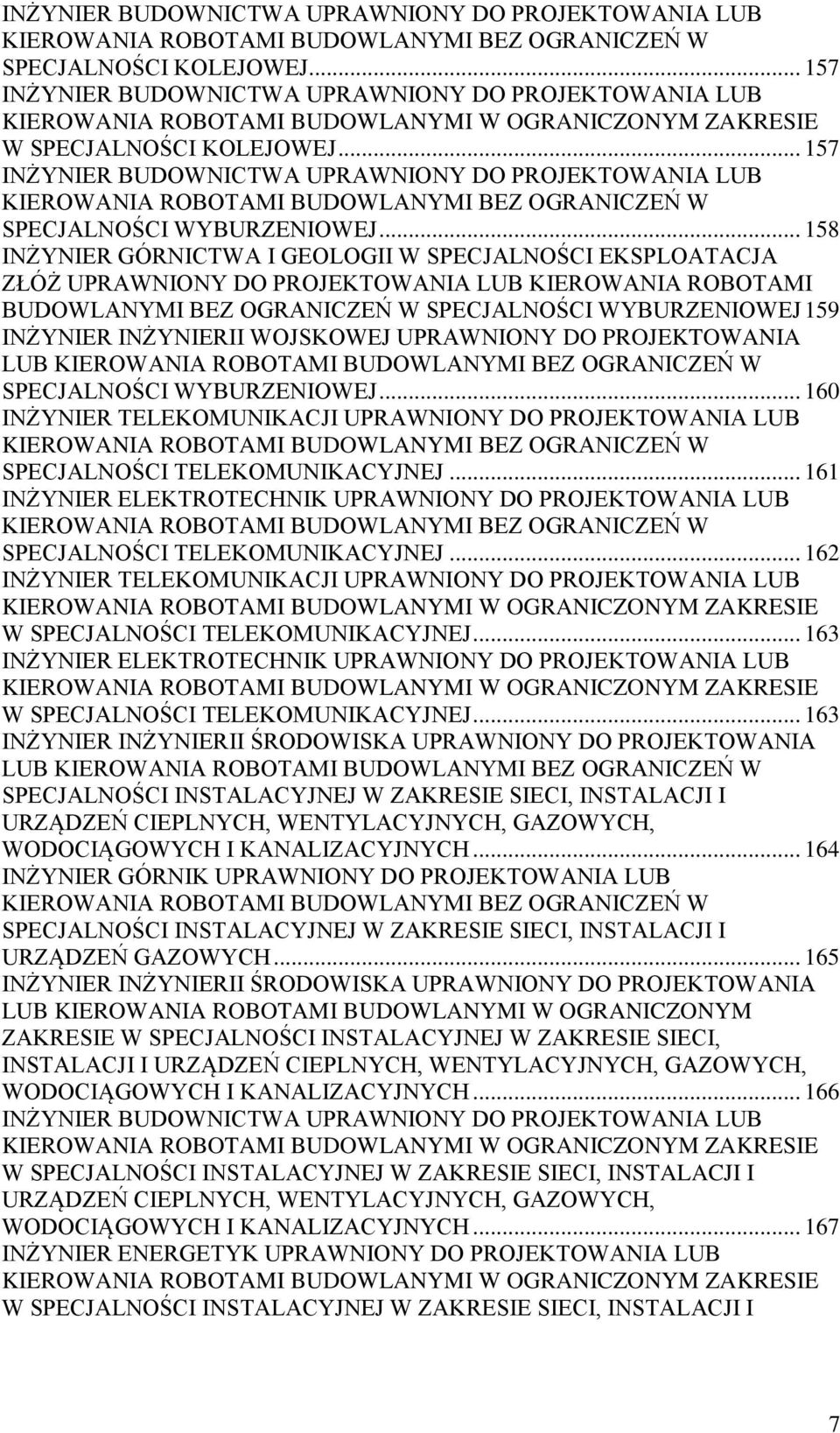 .. 157 INŻYNIER BUDOWNICTWA UPRAWNIONY DO PROJEKTOWANIA LUB KIEROWANIA ROBOTAMI BUDOWLANYMI BEZ OGRANICZEŃ W SPECJALNOŚCI WYBURZENIOWEJ.