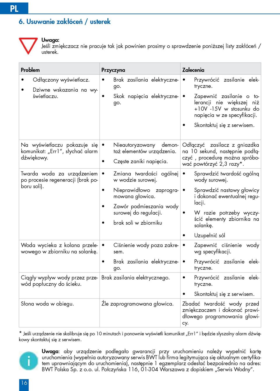 Zapewnić zasilanie o tolerancji nie większej niż +10V -15V w stosunku do napięcia w ze specyfikacji. Skontaktuj się z serwisem. Na wyświetlaczu pokazuje się komunikat: Err1, słychać alarm dźwiękowy.