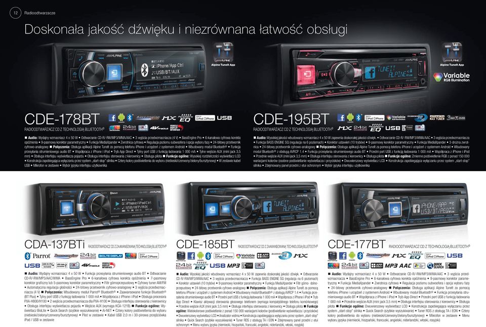 n Połączenia: Obsługa aplikacji lpine TuneIt za pomocą telefonu iphone i urządzeń z systemem ndroid Wbudowany moduł luetooth Funkcja przesyłania strumieniowego audio T Współpraca z iphone i ipod Tryb