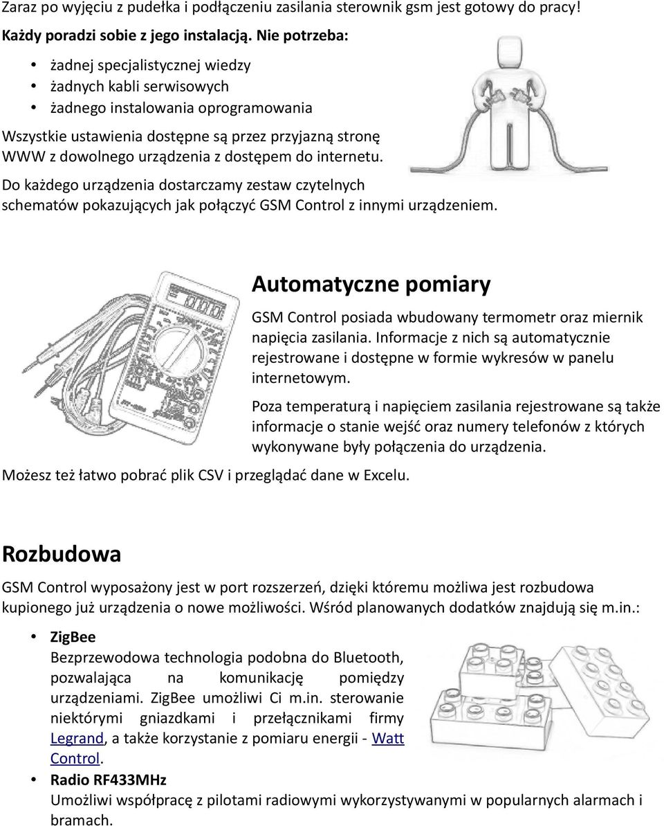 dostępem do internetu. Do każdego urządzenia dostarczamy zestaw czytelnych schematów pokazujących jak połączyć GSM Control z innymi urządzeniem.