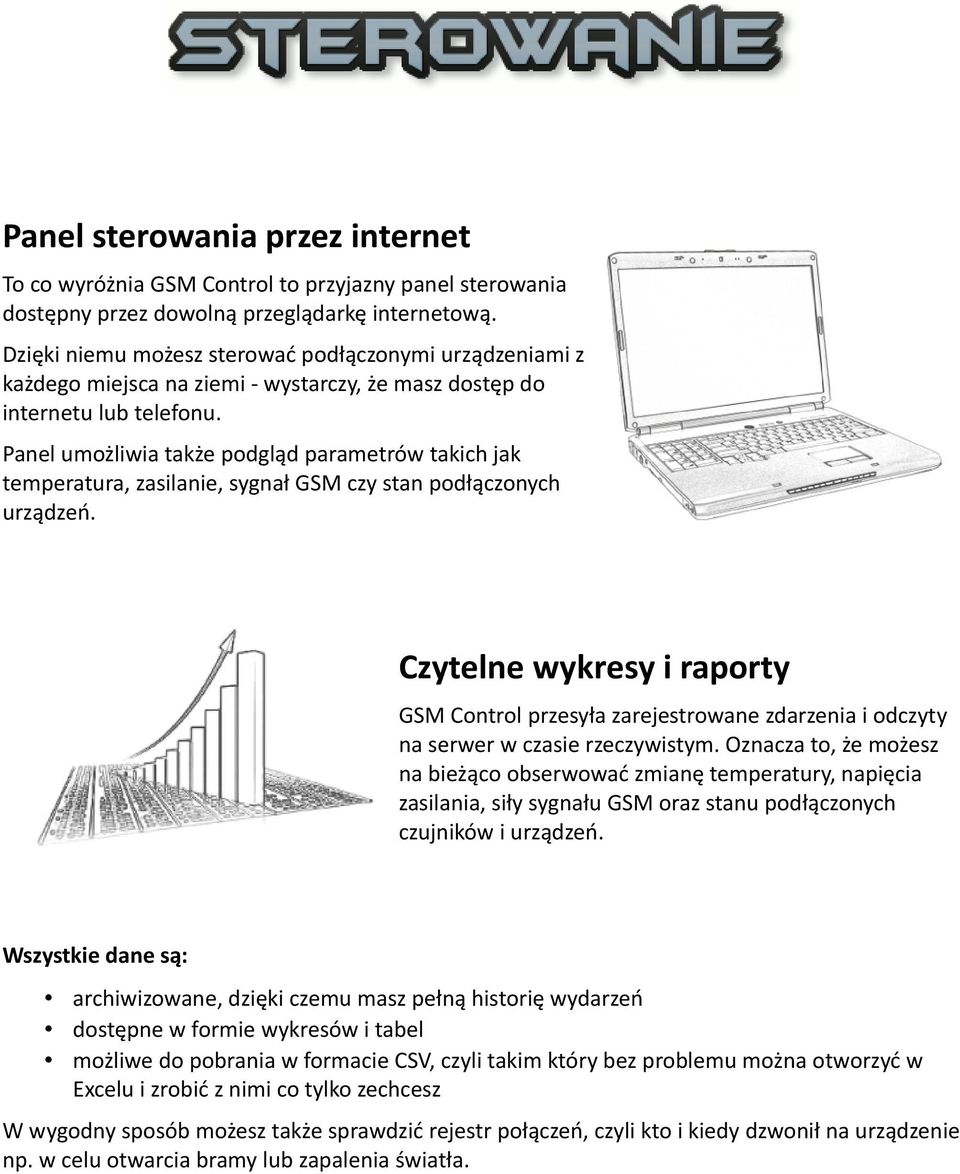 Panel umożliwia także podgląd parametrów takich jak temperatura, zasilanie, sygnał GSM czy stan podłączonych urządzeń.