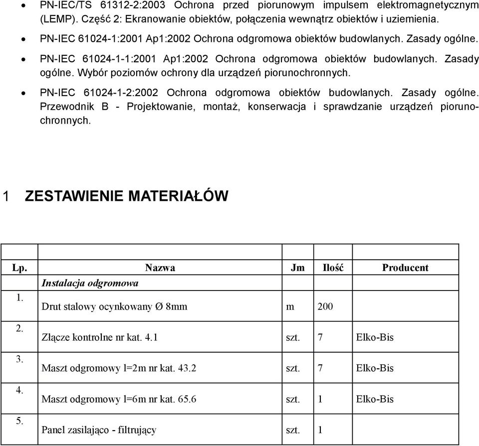 PN-IEC 61024-1-2:2002 Ochrona odgromowa obiektów budowlanych. Zasady ogólne. Przewodnik B - Projektowanie, montaŝ, konserwacja i sprawdzanie urządzeń piorunochronnych. 1 ZESTAWIENIE MATERIAŁÓW Lp.