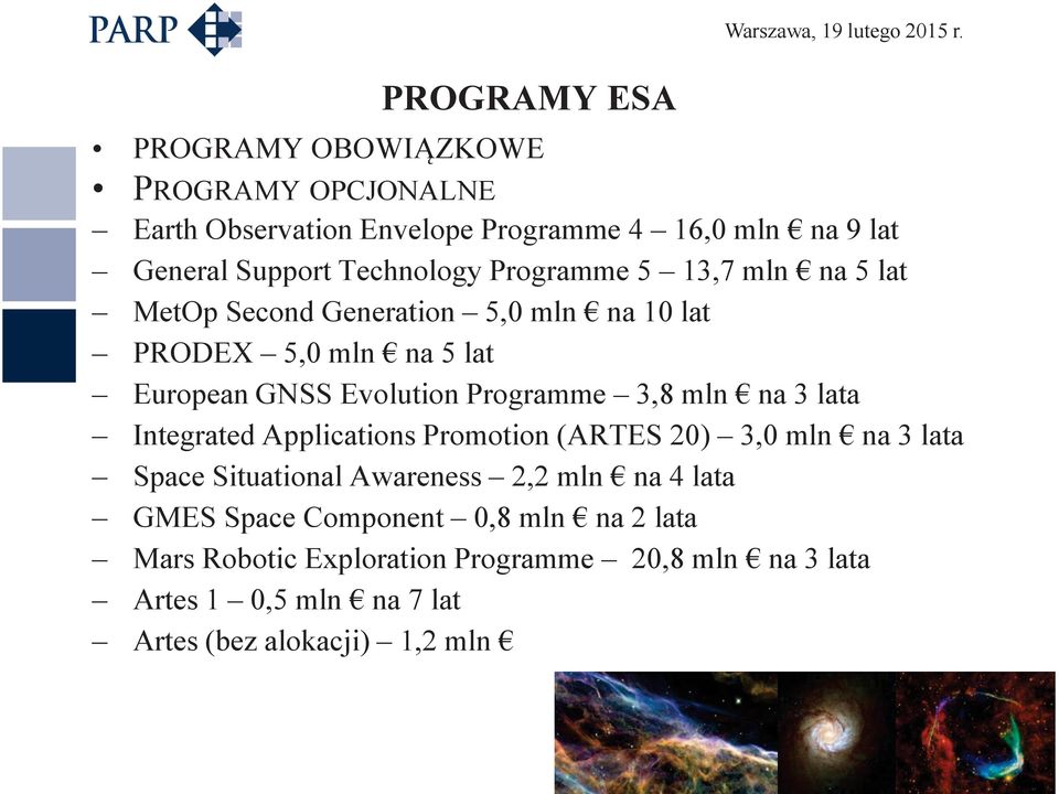 mln na 5 lat MetOp Second Generation 5,0 mln na 10 lat PRODEX 5,0 mln na 5 lat European GNSS Evolution Programme 3,8 mln na 3 lata Integrated
