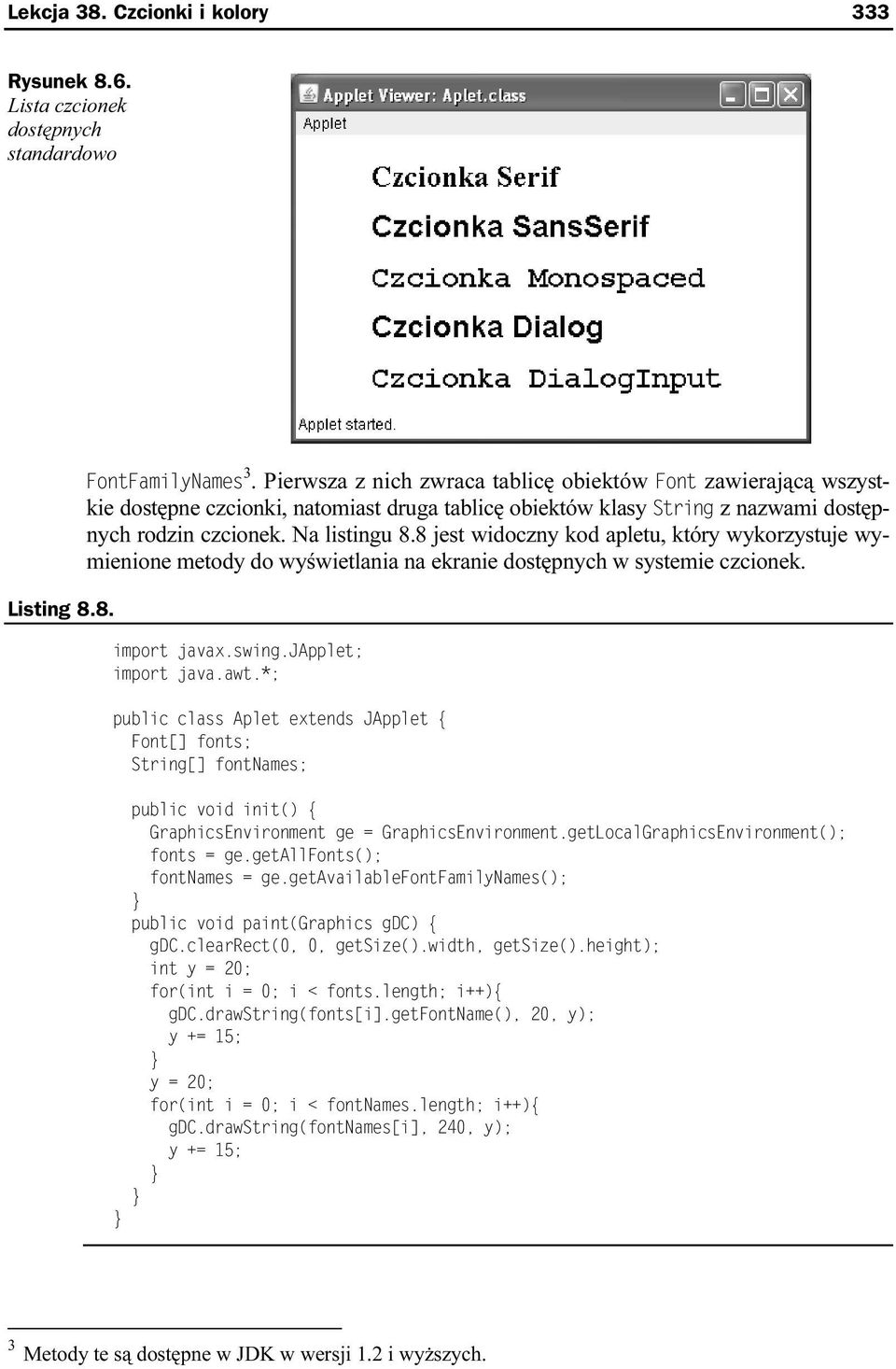8 jest widoczny kod apletu, który wykorzystuje wymienione metody do wyświetlania na ekranie dostępnych w systemie czcionek. import javax.swing.japplet; import java.awt.