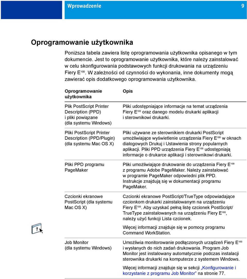 W zależności od czynności do wykonania, inne dokumenty mogą zawierać opis dodatkowego oprogramowania użytkownika.