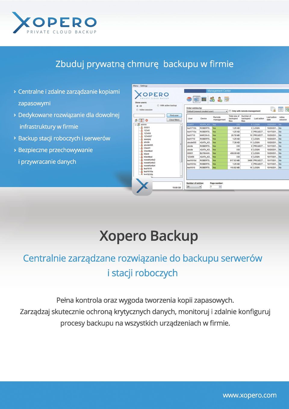 rmie Backup stacji roboczych i serwerów Bezpieczne przechowywanie i przywracanie danych Xopero Backup Centralnie zarzπdzane