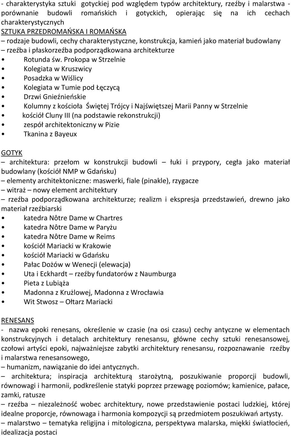 Prokopa w Strzelnie Kolegiata w Kruszwicy Posadzka w Wiślicy Kolegiata w Tumie pod Łęczycą Drzwi Gnieźnieńskie Kolumny z kościoła Świętej Trójcy i Najświętszej Marii Panny w Strzelnie kościół Cluny