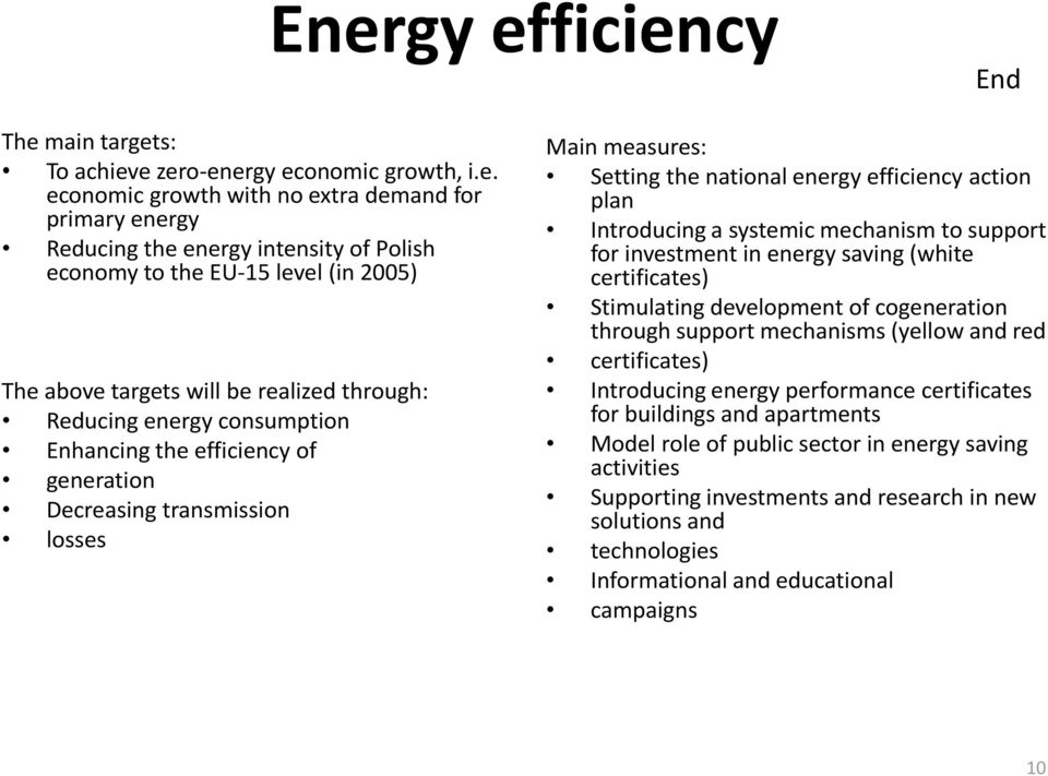 energy efficiency action plan Introducing a systemic mechanism to support for investment in energy saving (white certificates) Stimulating development of cogeneration through support mechanisms