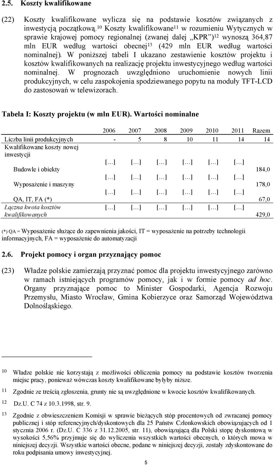 nominalnej). W poniższej tabeli I ukazano zestawienie kosztów projektu i kosztów kwalifikowanych na realizację projektu inwestycyjnego według wartości nominalnej.