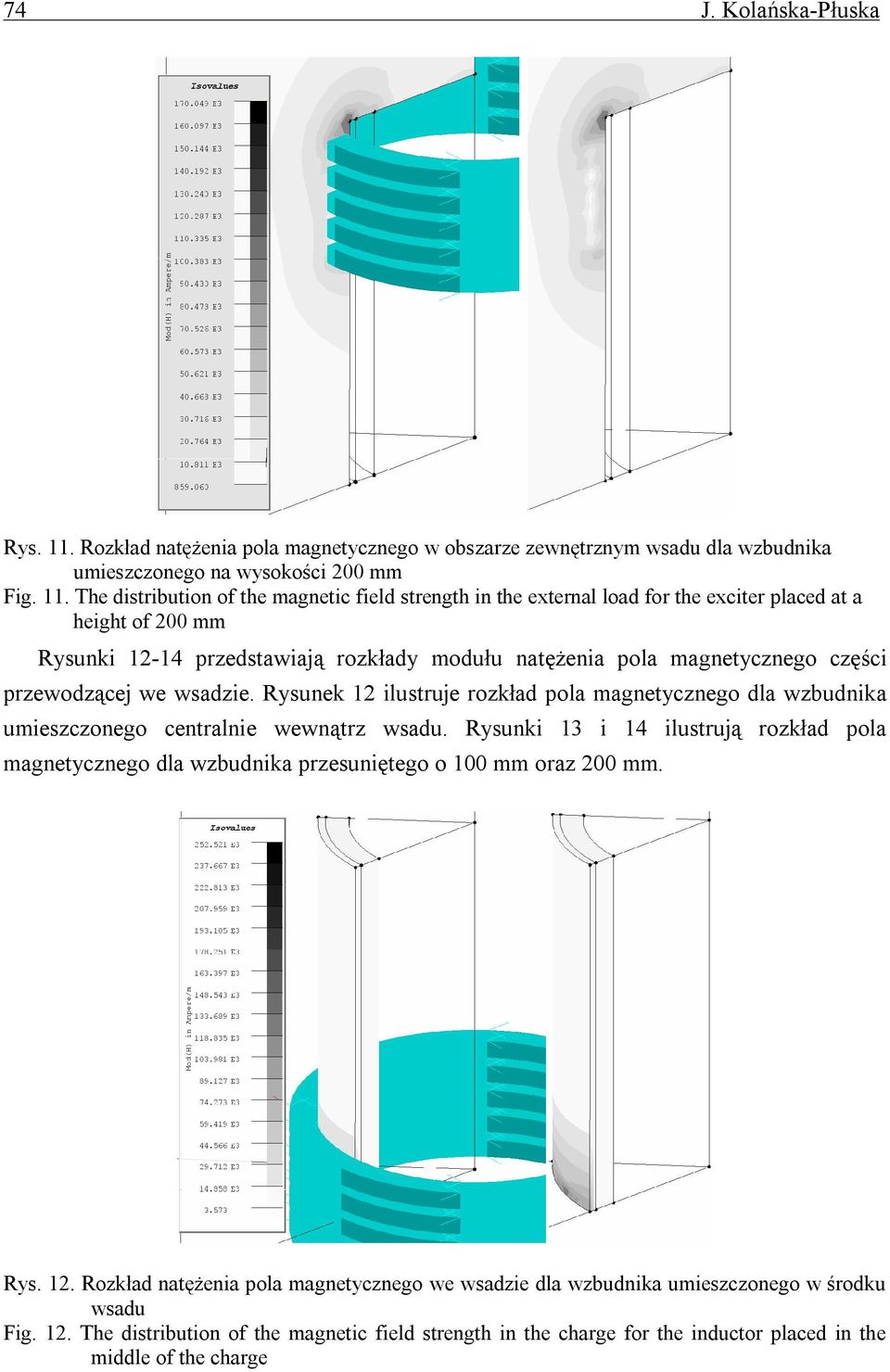 The distribution of the magnetic field strength in the external load for the exciter placed at a height of 200 mm Rysunki 12-14 przedstawiają rozkłady modułu natężenia pola magnetycznego części