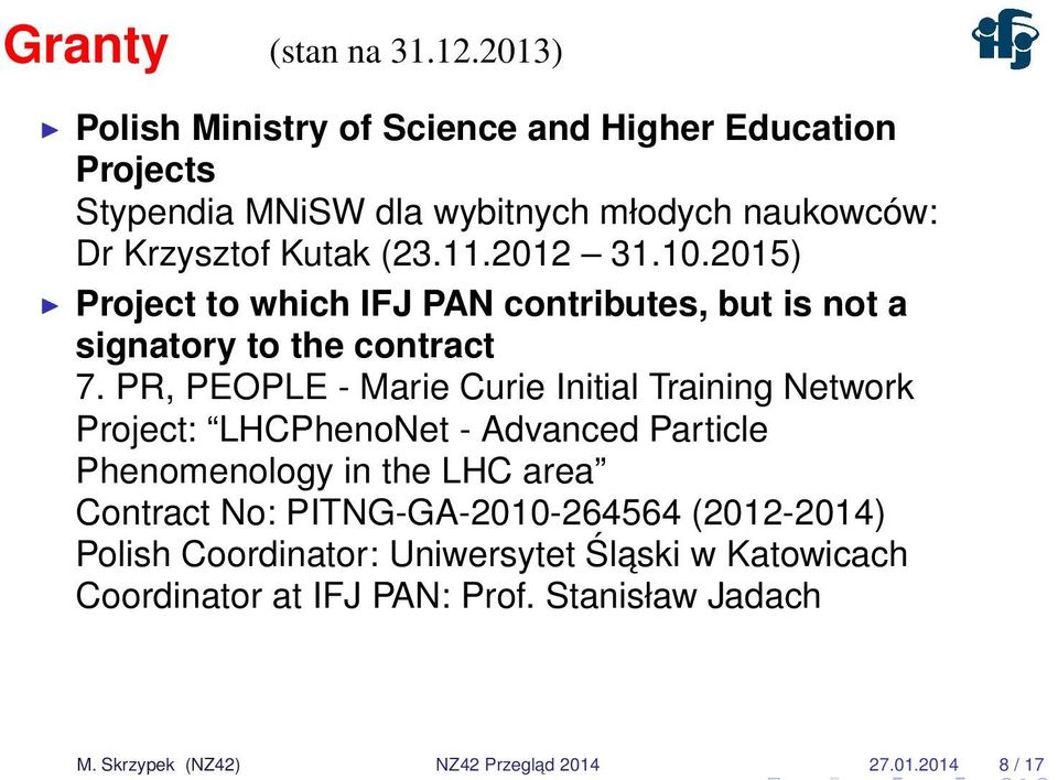 2012 31.10.2015) Project to which IFJ PAN contributes, but is not a signatory to the contract 7.