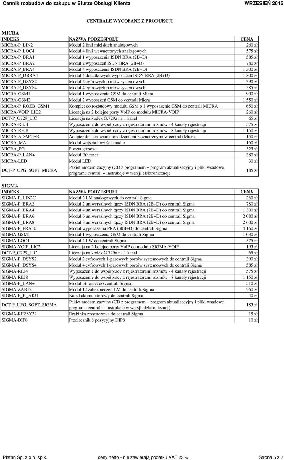 MICRA-P_DSYS2 Moduł 2 cyfrowych portów systemowych 390 zł MICRA-P_DSYS4 Moduł 4 cyfrowych portów systemowych 585 zł MICRA-GSM1 Moduł 1 wyposażenia GSM do centrali Micra 900 zł MICRA-GSM2 Moduł 2