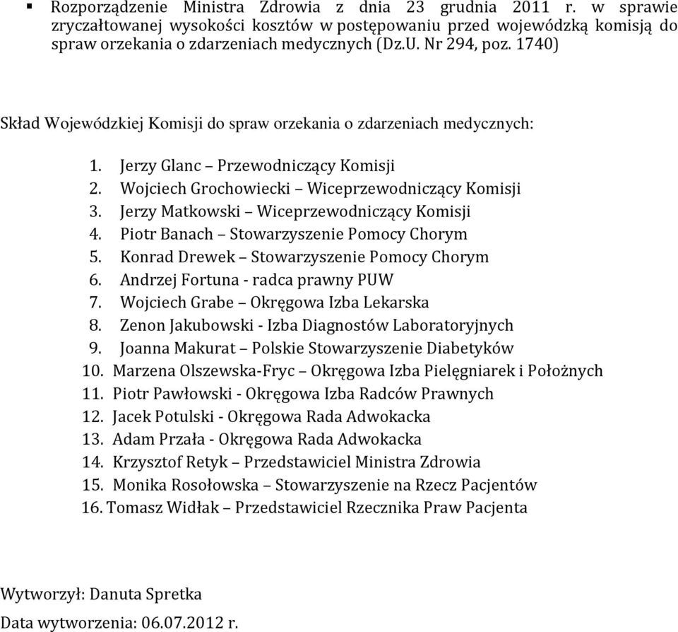 Jerzy Matkowski Wiceprzewodniczący Komisji 4. Piotr Banach Stowarzyszenie Pomocy Chorym 5. Konrad Drewek Stowarzyszenie Pomocy Chorym 6. Andrzej Fortuna - radca prawny PUW 7.