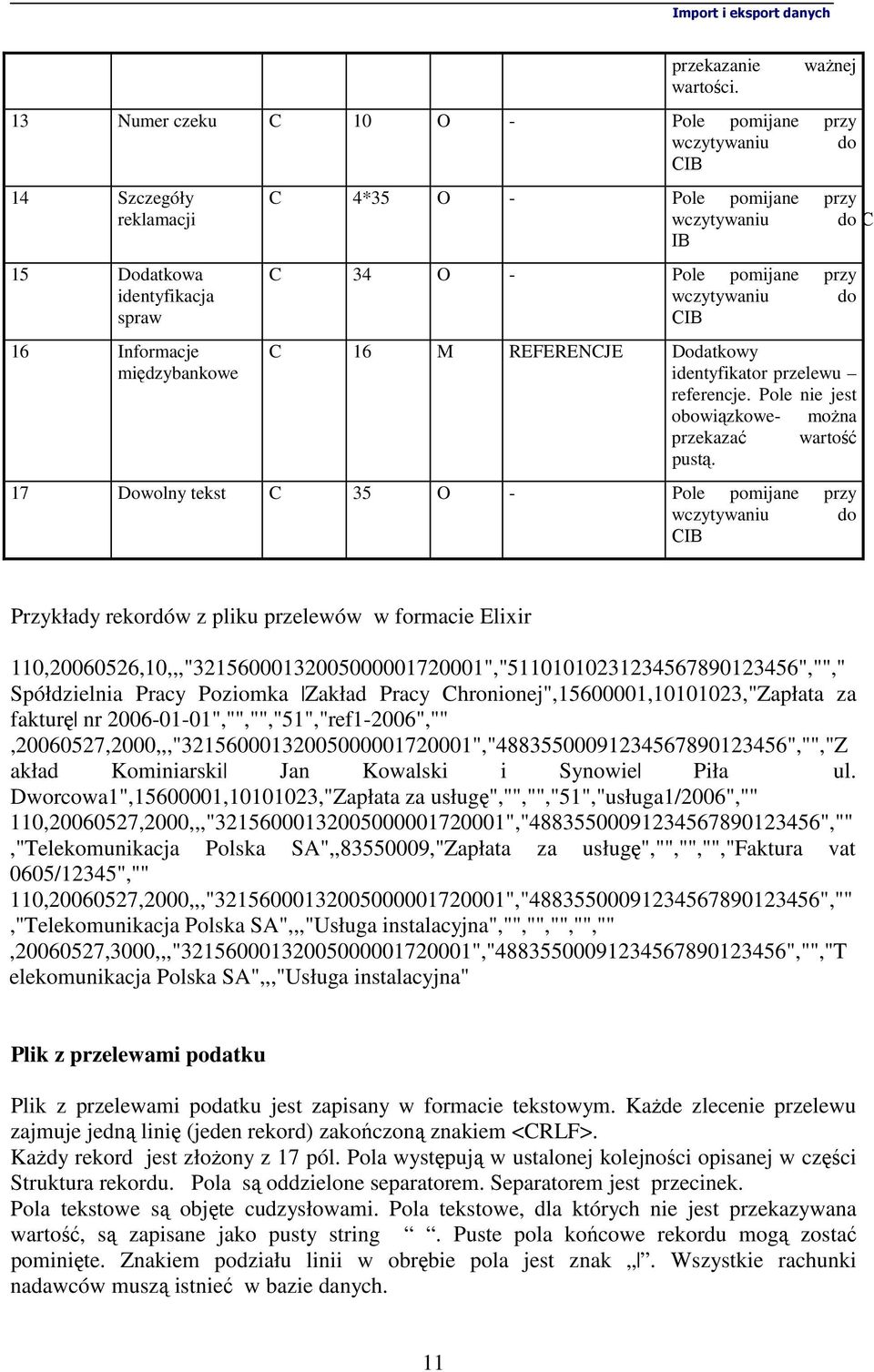 C 34 O - Pole pomijane przy wczytywaniu do C 16 M REFERENCJE Dodatkowy identyfikator przelewu referencje. Pole nie jest obowiązkowe- moŝna przekazać wartość pustą.