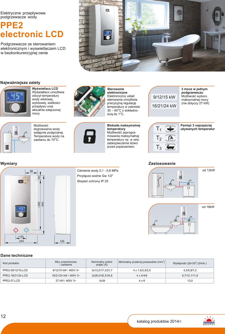 0 60 C z dokładno- ścią do 1 C. 9/1/15 kw 18/1/4 kw moce w jednym podgrzewaczu Możliwość wyboru maksymalnej mocy (nie dotyczy 7 kw) Możliwość dogrzewania wody wstępnie podgrzanej.