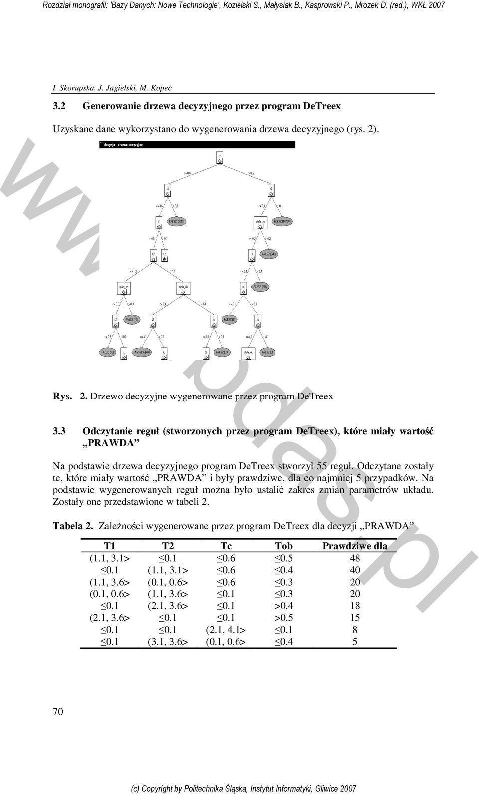 3 Odczytanie reguł (stworzonych przez program DeTreex), które miały wartość PRAWDA Na podstawie drzewa decyzyjnego program DeTreex stworzył 55 reguł.