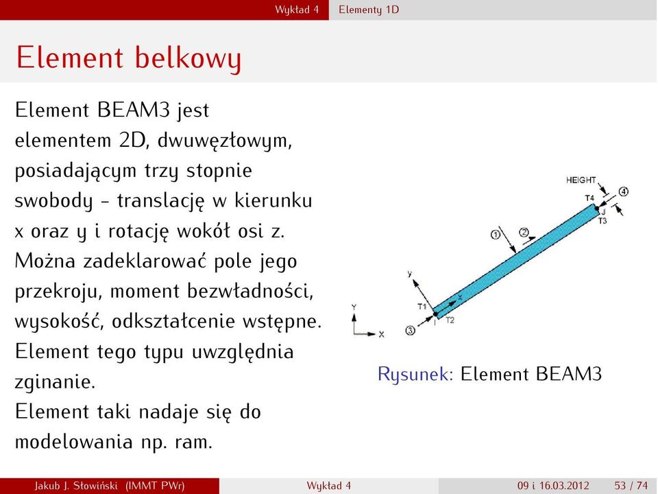 Można zadeklarować pole jego przekroju, moment bezwładności, wysokość, odkształcenie wstępne.