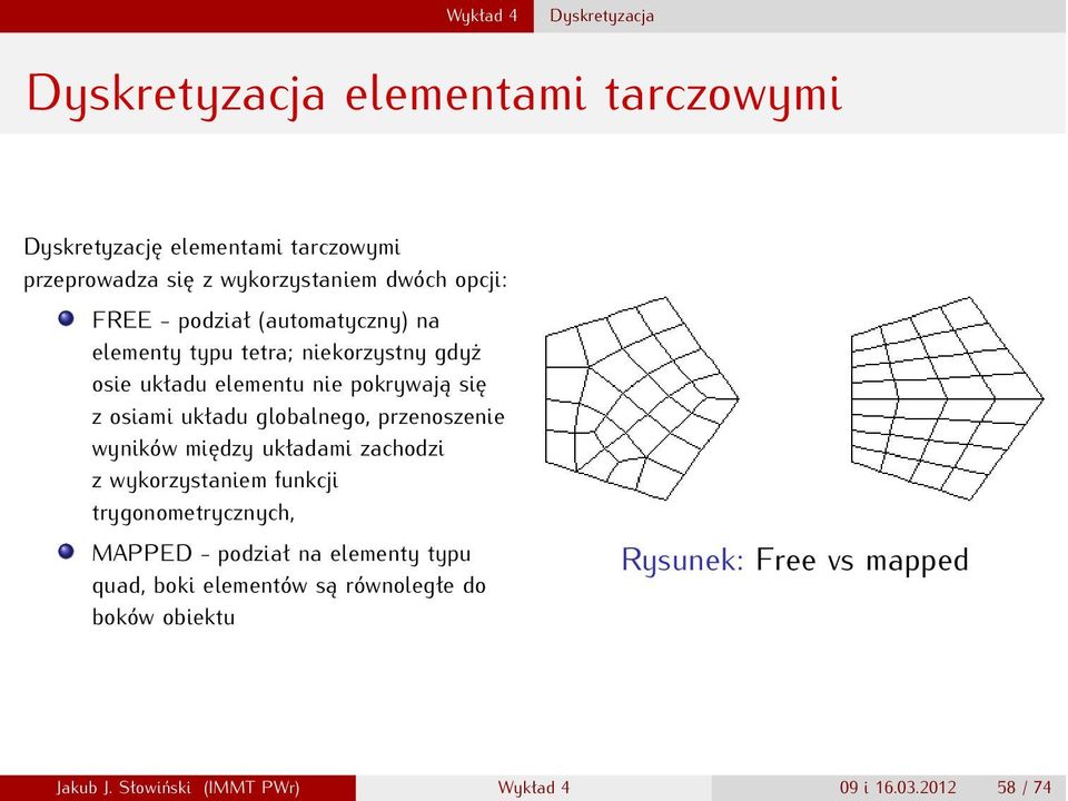 globalnego, przenoszenie wyników między układami zachodzi z wykorzystaniem funkcji trygonometrycznych, MAPPED - podział na elementy