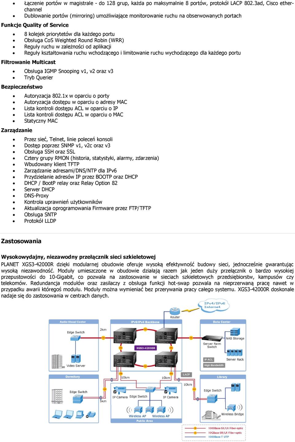 Weighted Round Robin (WRR) Reguły ruchu w zależności od aplikacji Reguły kształtowania ruchu wchodzącego i limitowanie ruchu wychodzącego dla każdego portu Filtrowanie Multicast Obsługa IGMP Snooping